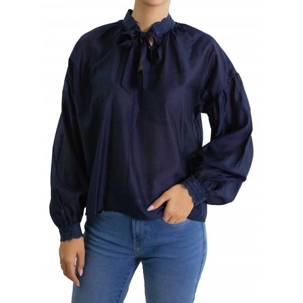 Camicia con collo alla coreana ricamato e laccio 